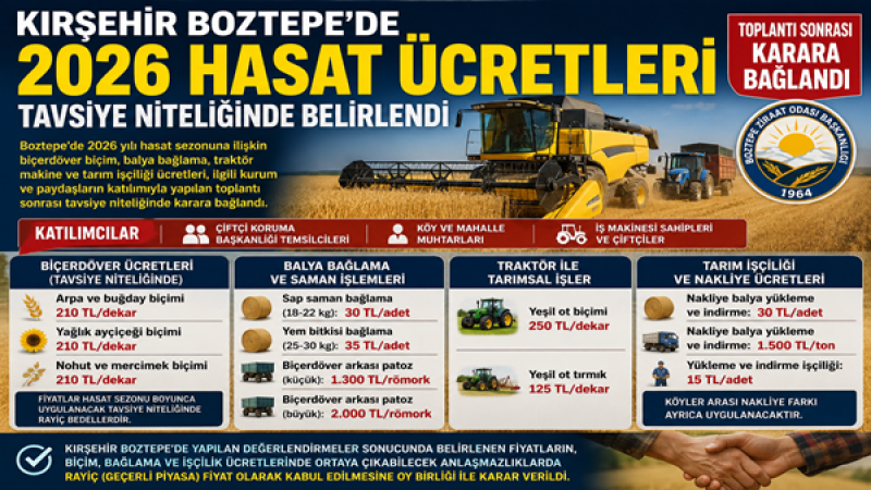 Kırşehir Boztepe’de 2026 Hasat Ücretleri Belirlendi